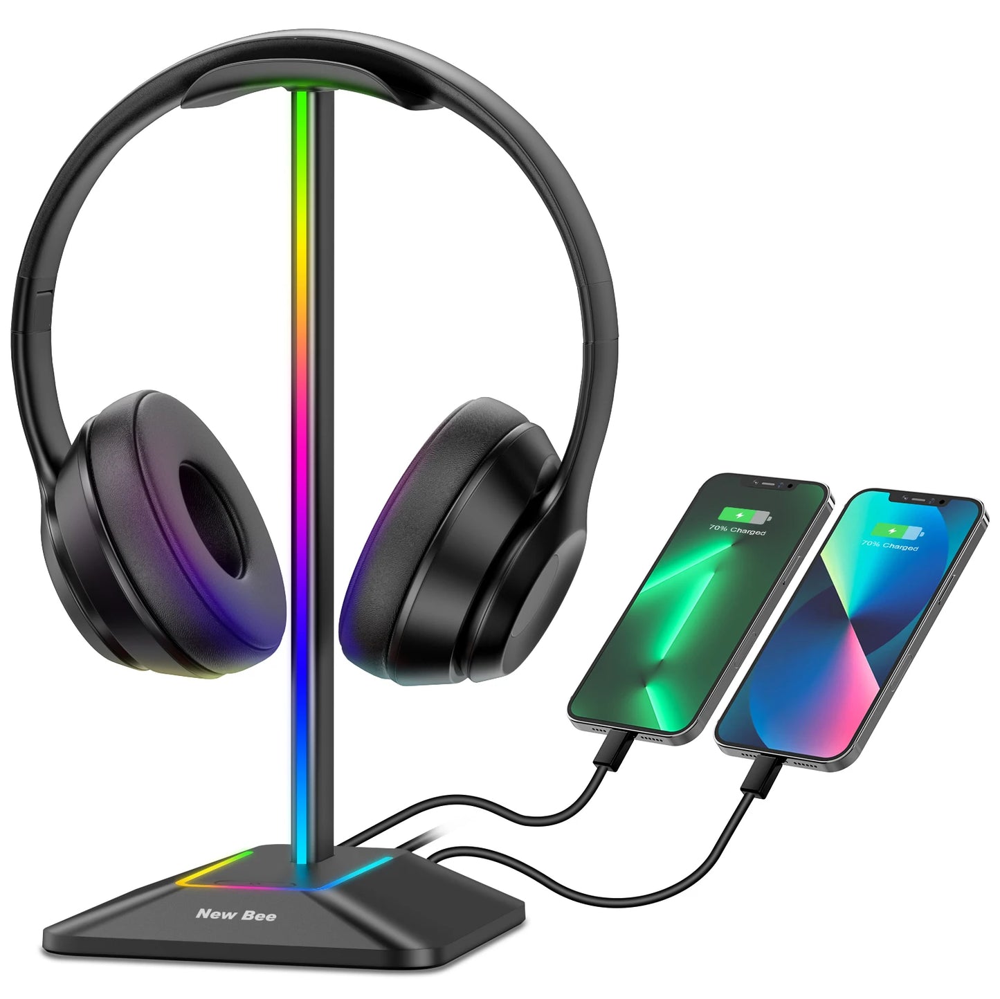 Soporte para auriculares New Bee Z8 RGB con 2 puertos USB, soporte de escritorio para auriculares de juegos, base de goma antideslizante