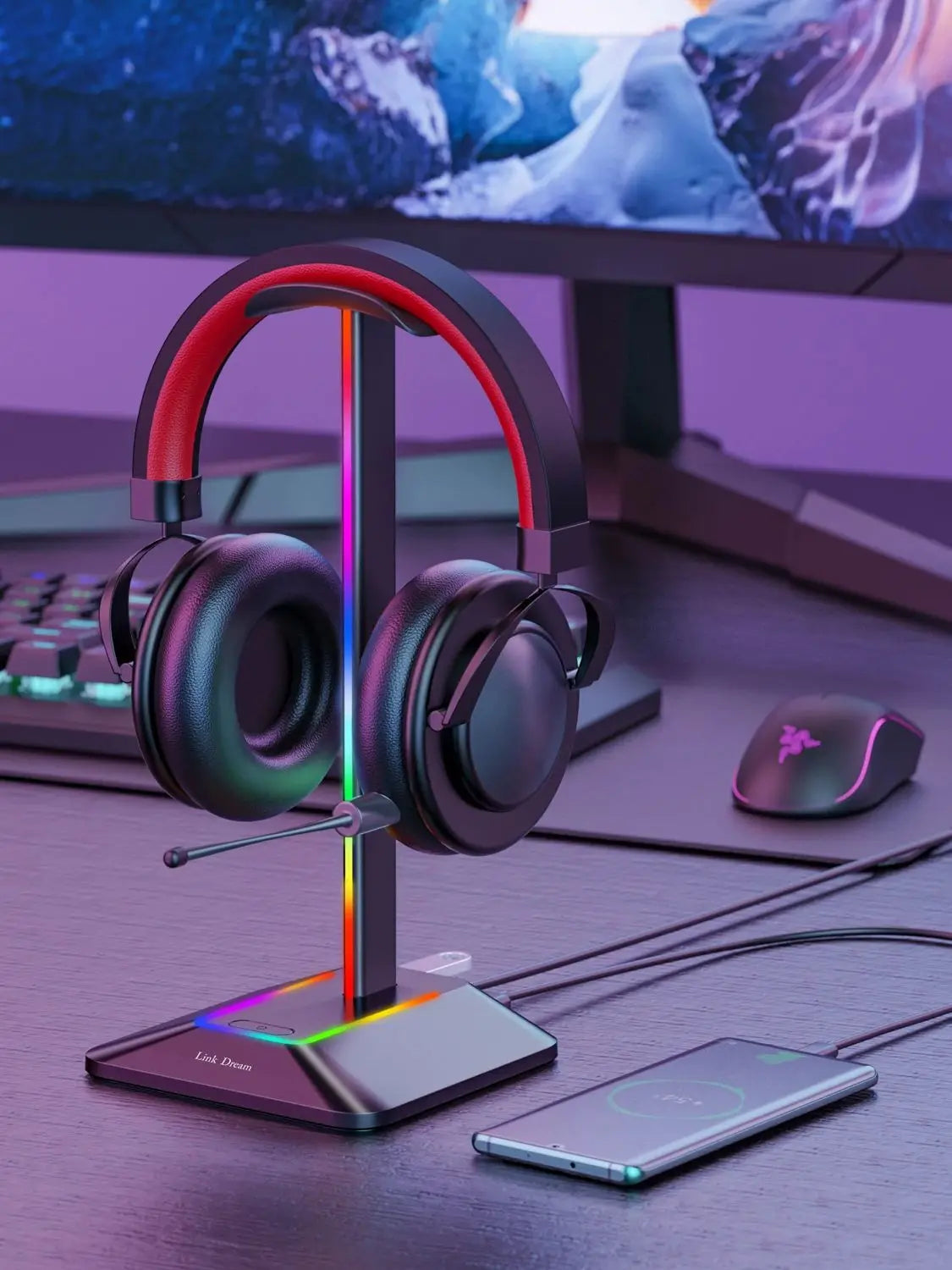 Soporte para auriculares New Bee Z8 RGB con 2 puertos USB, soporte de escritorio para auriculares de juegos, base de goma antideslizante