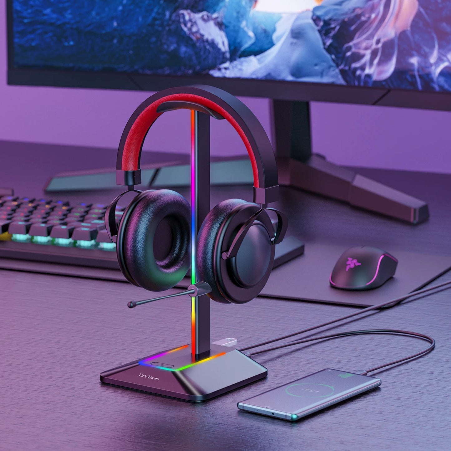Soporte para auriculares New Bee Z8 RGB con 2 puertos USB, soporte de escritorio para auriculares de juegos, base de goma antideslizante