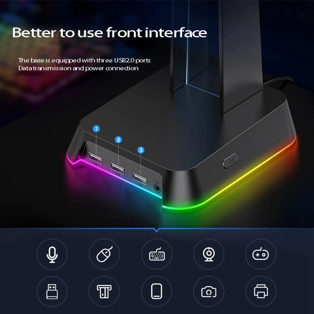 Soporte para Auriculares RGB con 3 puertos USB, es adecuado para auriculares para jugadores de PC Blanco