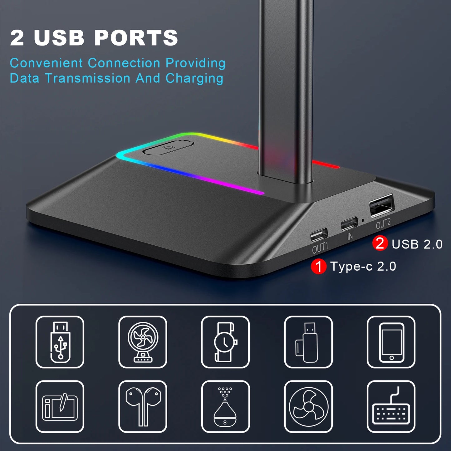 Soporte para auriculares New Bee Z8 RGB con 2 puertos USB, soporte de escritorio para auriculares de juegos, base de goma antideslizante