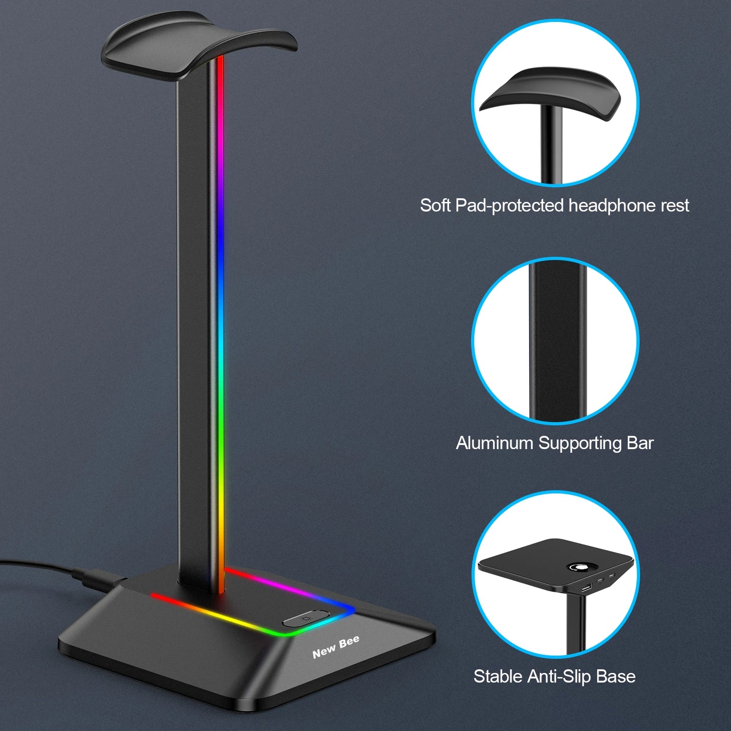 Soporte para auriculares New Bee Z8 RGB con 2 puertos USB, soporte de escritorio para auriculares de juegos, base de goma antideslizante