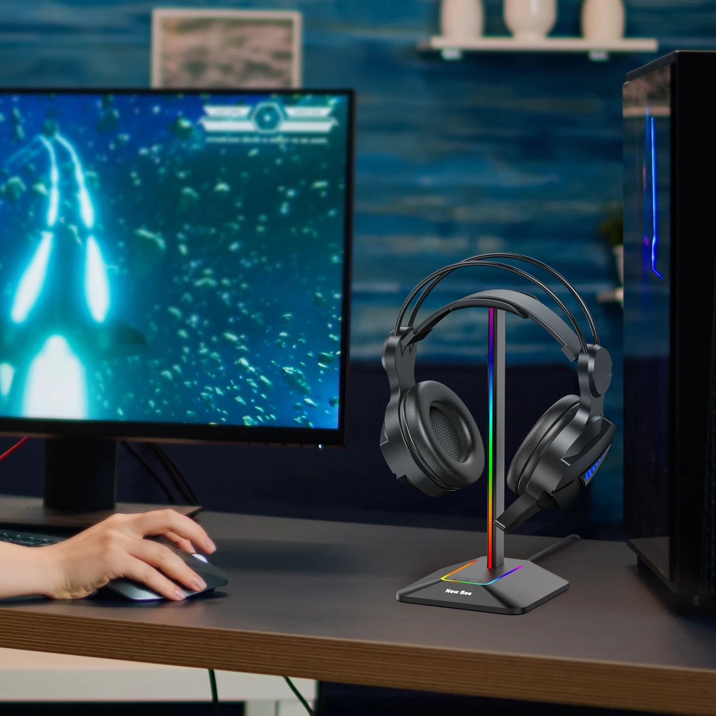 Soporte para auriculares New Bee Z8 RGB con 2 puertos USB, soporte de escritorio para auriculares de juegos, base de goma antideslizante