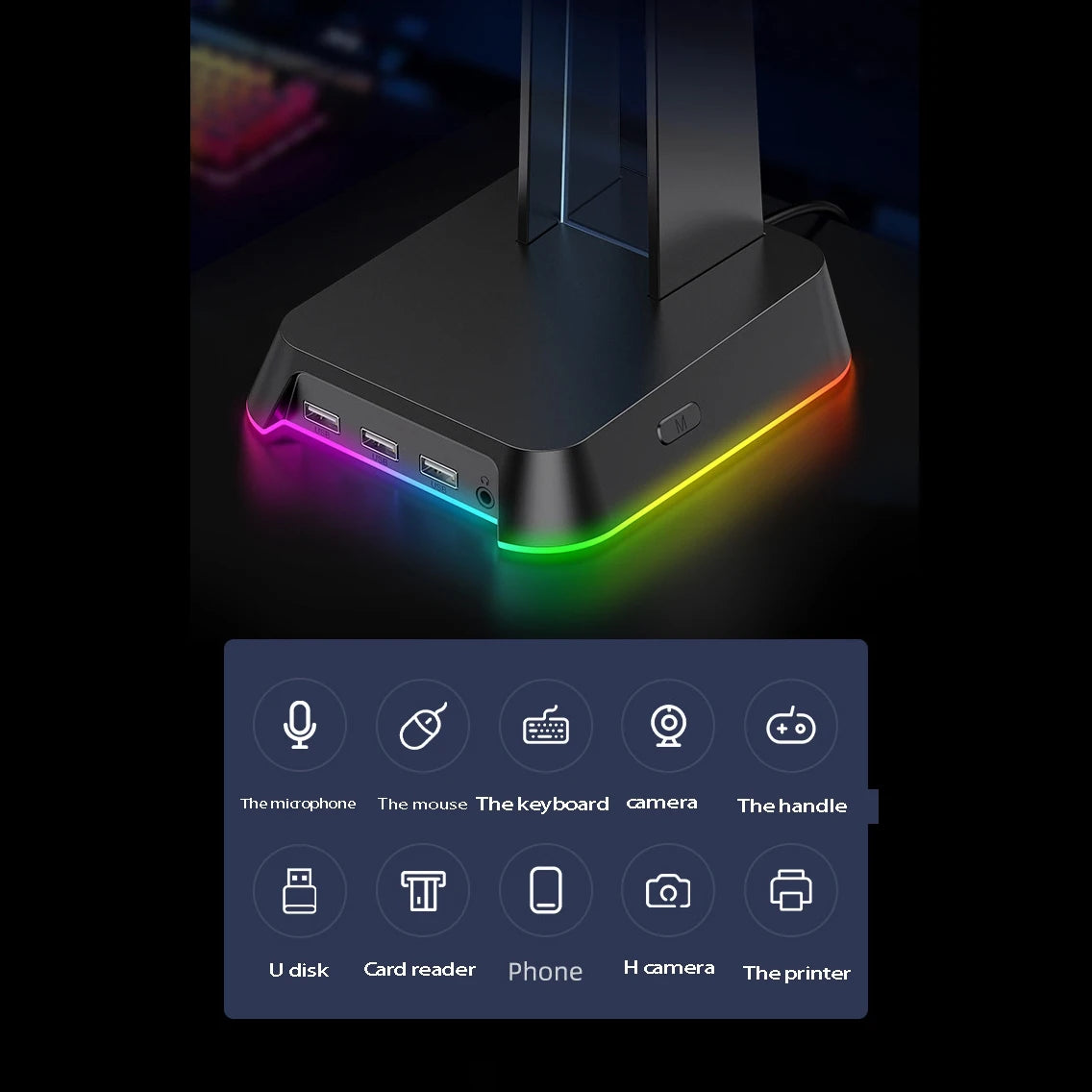 Soporte para Auriculares RGB con 3 puertos USB, es adecuado para auriculares para jugadores de PC Blanco