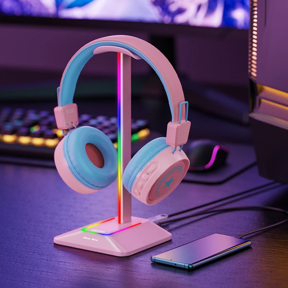 Soporte para auriculares New Bee Z8 RGB con 2 puertos USB, soporte de escritorio para auriculares de juegos, base de goma antideslizante