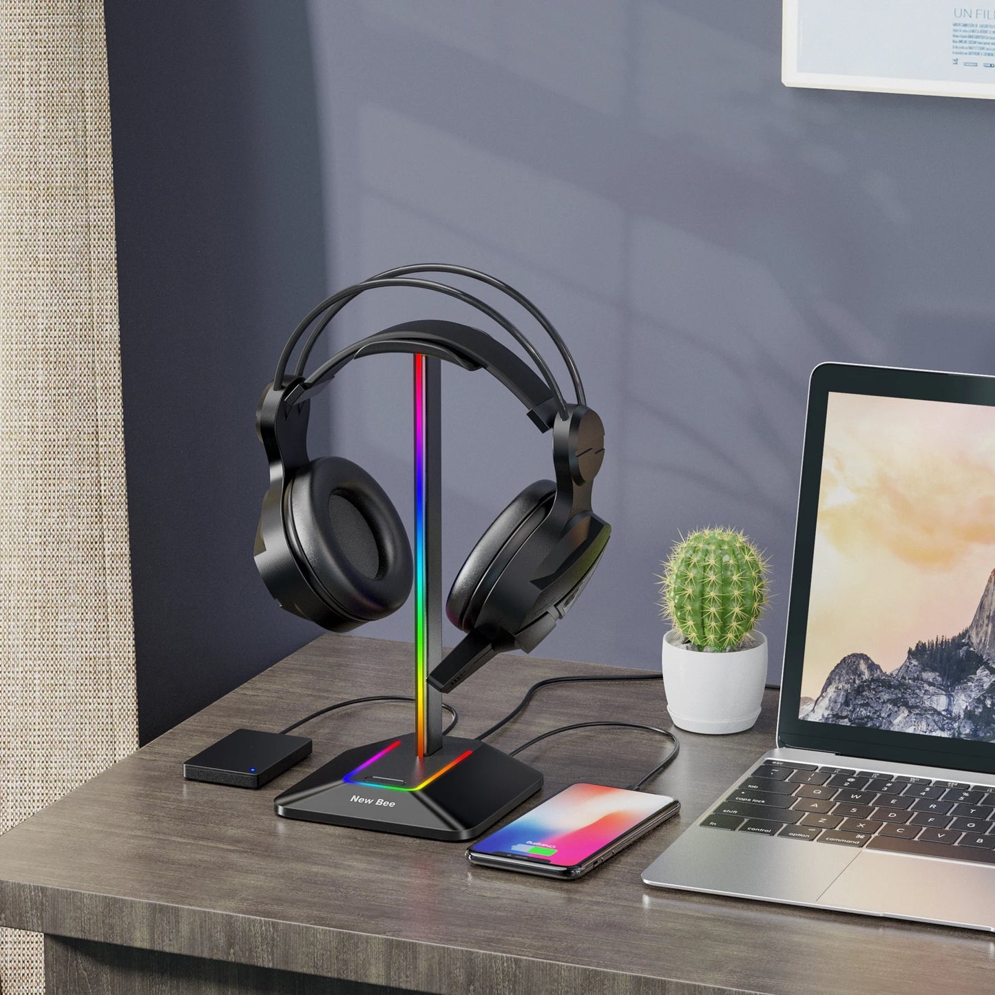 Soporte para auriculares New Bee Z8 RGB con 2 puertos USB, soporte de escritorio para auriculares de juegos, base de goma antideslizante