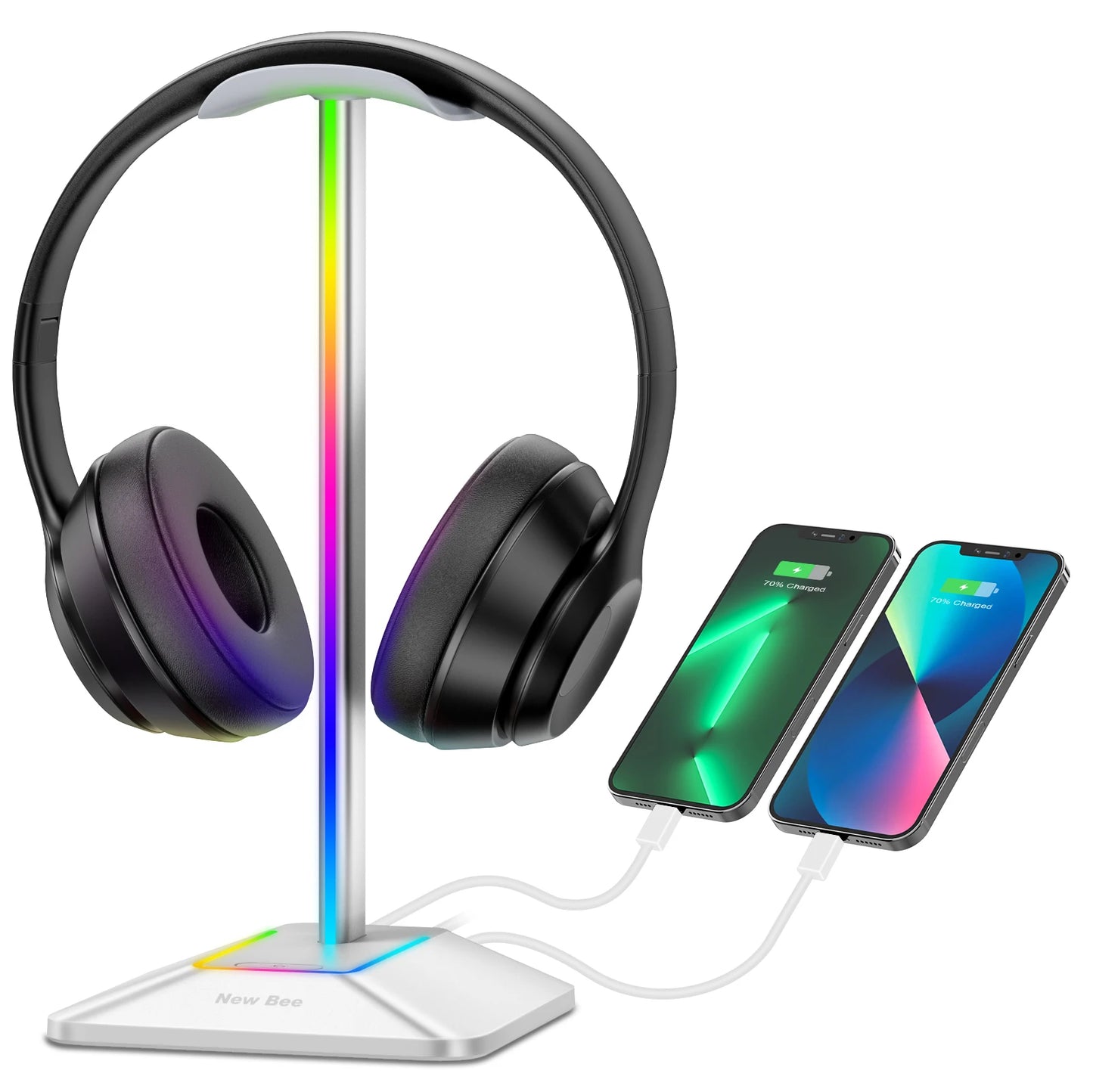Soporte para auriculares New Bee Z8 RGB con 2 puertos USB, soporte de escritorio para auriculares de juegos, base de goma antideslizante