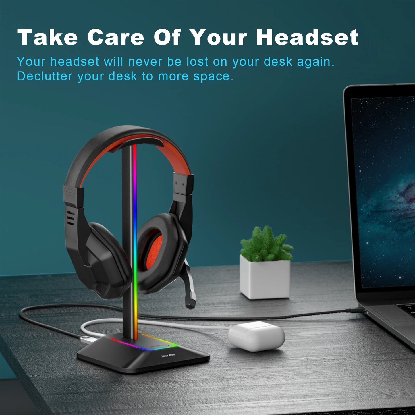 Soporte para auriculares New Bee Z8 RGB con 2 puertos USB, soporte de escritorio para auriculares de juegos, base de goma antideslizante