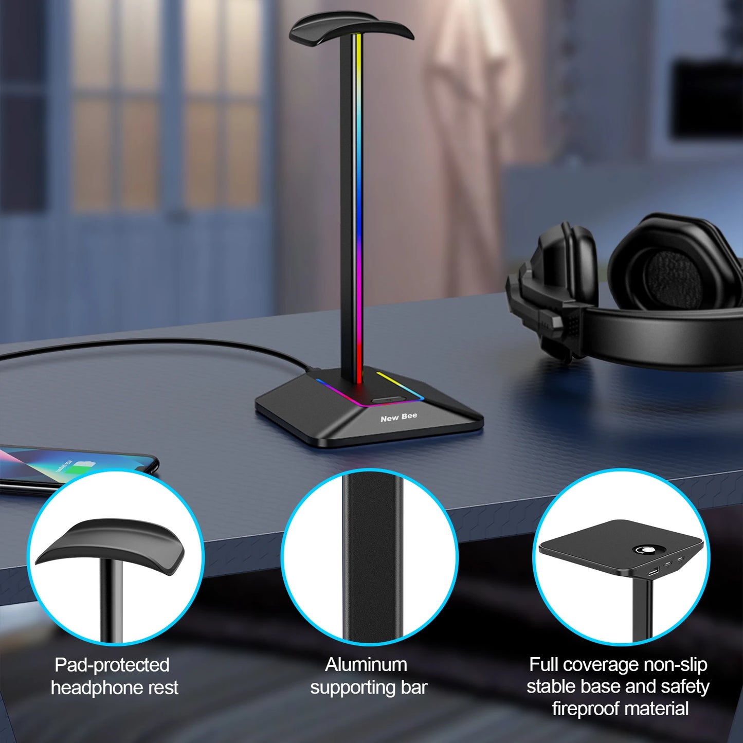 Soporte para auriculares New Bee Z8 RGB con 2 puertos USB, soporte de escritorio para auriculares de juegos, base de goma antideslizante