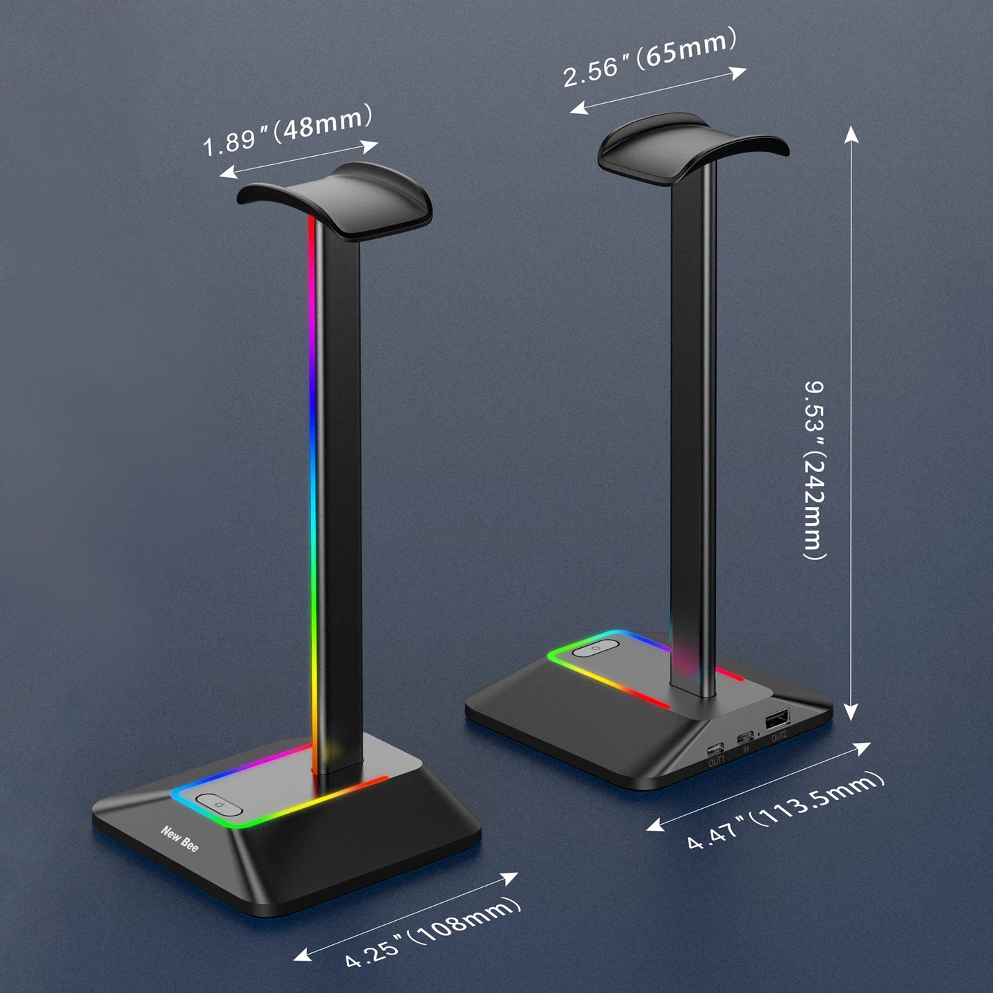 Soporte para auriculares New Bee Z8 RGB con 2 puertos USB, soporte de escritorio para auriculares de juegos, base de goma antideslizante