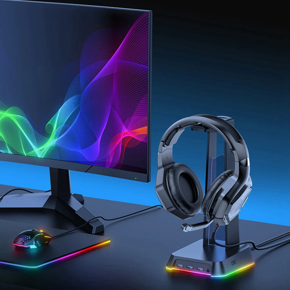 Soporte para Auriculares RGB con 3 puertos USB, es adecuado para auriculares para jugadores de PC Blanco