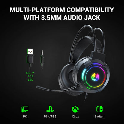 Auriculares estéreo para jugadores RGB con sonidos graves envolventes, reducción activa de ruido, micrófono para PC