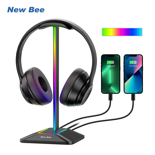 Soporte para auriculares New Bee Z8 RGB con 2 puertos USB, soporte de escritorio para auriculares de juegos, base de goma antideslizante